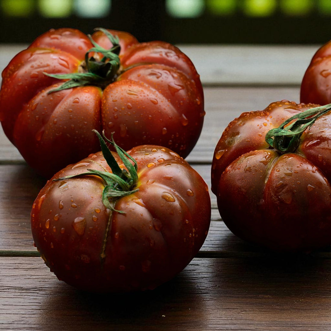 Ripe Black Krim tomatoes with water droplets on a wooden surface