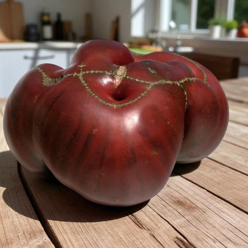 Two large red Black from Tula tomatoes on a wooden surface with a kitchen in the background